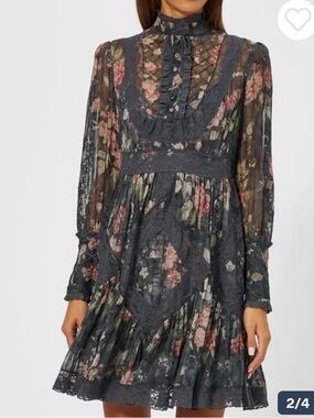 Zimmermann slate gray blue Floral High-Neck Lace-Trim Mini Dress